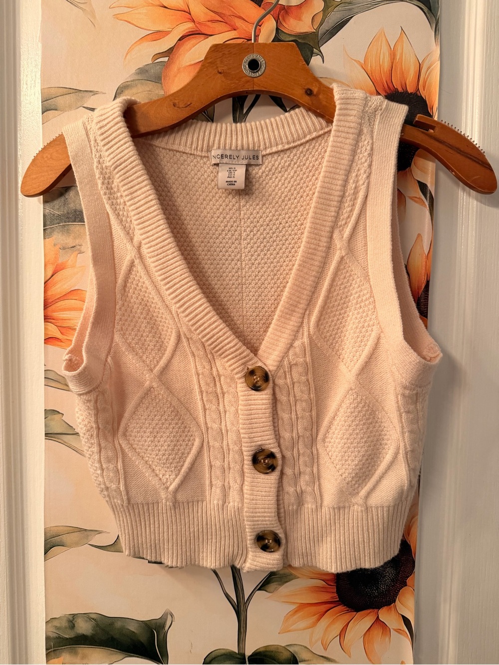 Sincerely Jules Cream Cable-Knit Buttoned V-Neck Sweater Vest